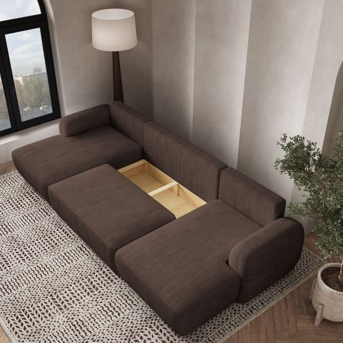 Canapé D'angle Savona Marron En Velours Côtelé Avec Fonction De Couchage