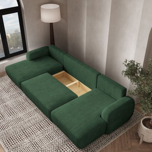Canapé D'angle Savona Vert En Velours Côtelé Avec Fonction De Couchage