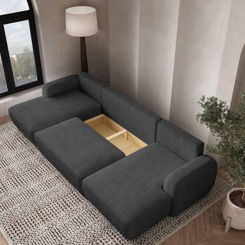 Canapé D'angle Savona Gris En Velours Côtelé Avec Fonction De Couchage