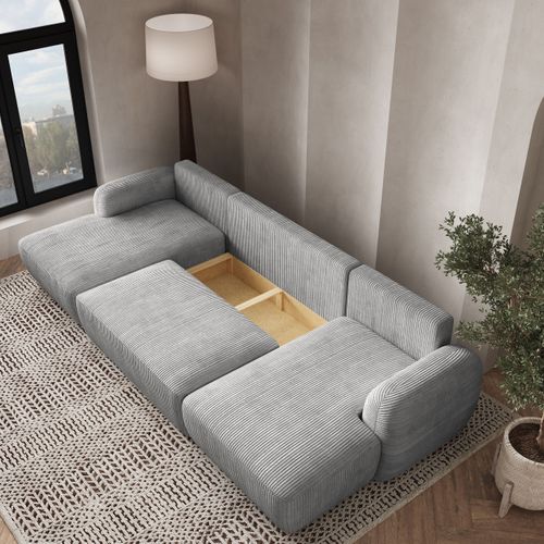 Canapé D'angle Savona Gris Clair En Velours Côtelé Avec Fonction De Couchage