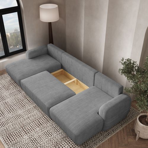 Canapé D'angle Savona Gris En Velours Côtelé Avec Fonction De Couchage