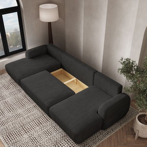 Canapé D'angle Savona Noir En Velours Côtelé Avec Fonction De Couchage