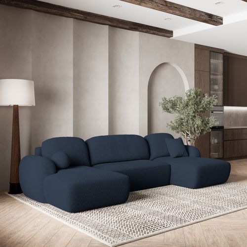 Canapé D'angle Savona Bleu En Bouclé Avec Fonction De Couchage