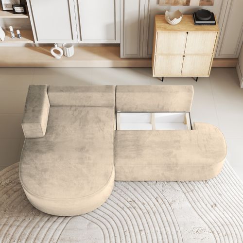Canapé D'angle Cortio Crème En Velours Avec Fonction De Couchage