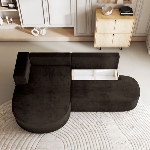 Canapé D'angle Cortio Marron En Velours Avec Fonction De Couchage
