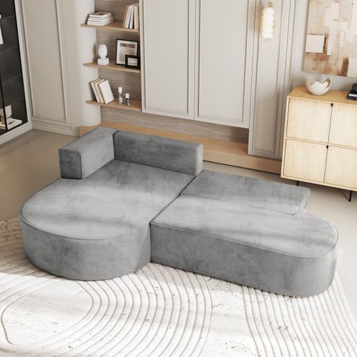Canapé D'angle Cortio Gris Clair En Velours Avec Fonction De Couchage