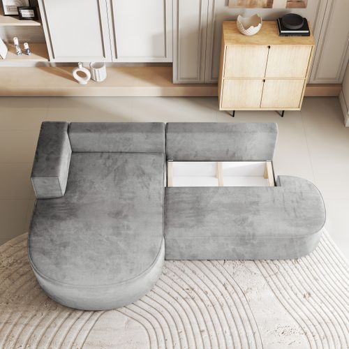 Canapé D'angle Cortio Gris Clair En Velours Avec Fonction De Couchage