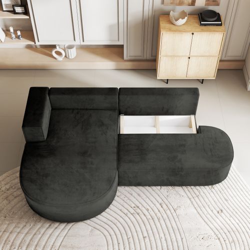 Canapé D'angle Cortio Noir En Velours Avec Fonction De Couchage
