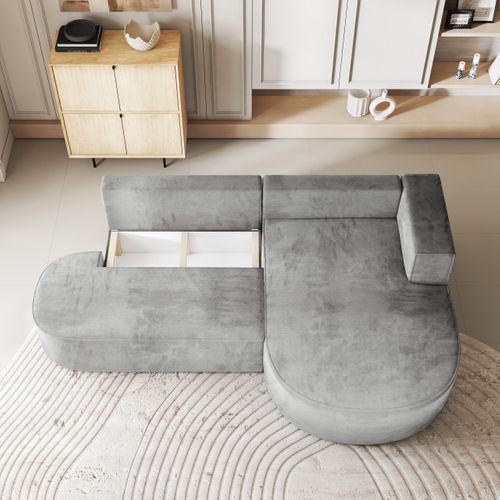 Canapé D'angle Cortio Gris Clair En Velours Avec Fonction De Couchage