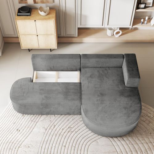 Canapé D'angle Cortio Gris En Velours Avec Fonction De Couchage