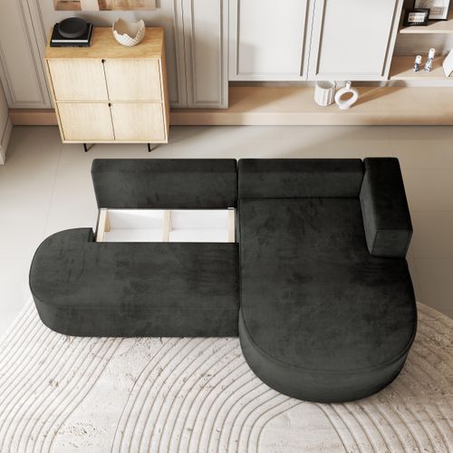 Canapé D'angle Cortio Noir En Velours Avec Fonction De Couchage
