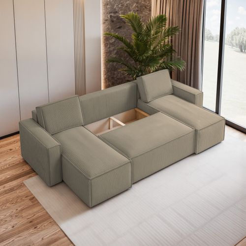 Canapé D'angle Pesano Beige En Velours Côtelé Avec Fonction De Couchage