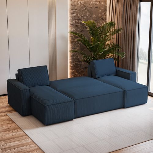 Canapé D'angle Pesano Bleu En Velours Côtelé Avec Fonction De Couchage