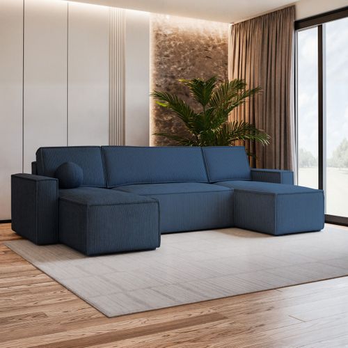Canapé D'angle Pesano Bleu En Velours Côtelé Avec Fonction De Couchage
