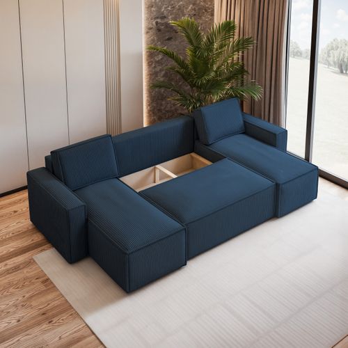 Canapé D'angle Pesano Bleu En Velours Côtelé Avec Fonction De Couchage