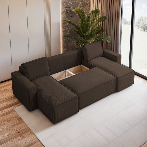 Canapé D'angle Pesano Marron En Velours Côtelé Avec Fonction De Couchage