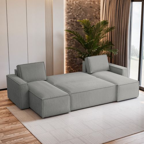 Canapé D'angle Pesano Gris Clair En Velours Côtelé Avec Fonction De Couchage