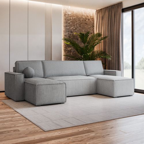 Canapé D'angle Pesano Gris Clair En Velours Côtelé Avec Fonction De Couchage