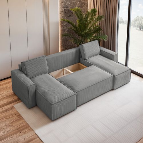 Canapé D'angle Pesano Gris Clair En Velours Côtelé Avec Fonction De Couchage