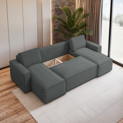 Canapé D'angle Pesano Gris En Velours Côtelé Avec Fonction De Couchage
