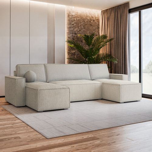 Canapé D'angle Pesano Crème En Velours Côtelé Avec Fonction De Couchage