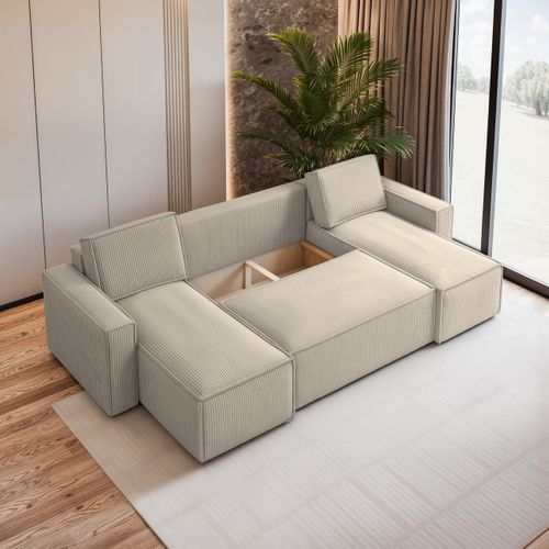 Canapé D'angle Pesano Crème En Velours Côtelé Avec Fonction De Couchage