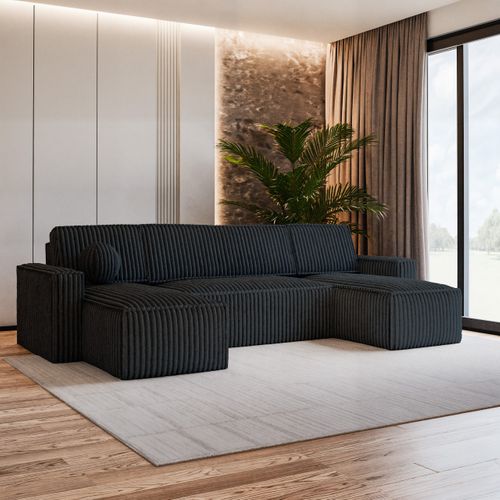 Canapé D'angle Pesano Noir En Velours Côtelé Avec Fonction De Couchage