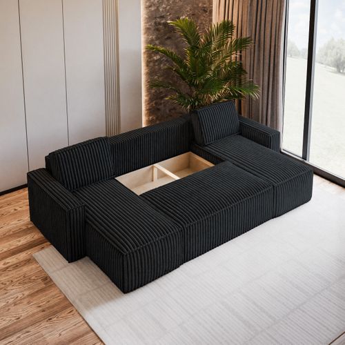 Canapé D'angle Pesano Noir En Velours Côtelé Avec Fonction De Couchage