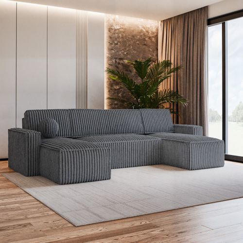 Canapé D'angle Pesano Gris En Velours Côtelé Avec Fonction De Couchage