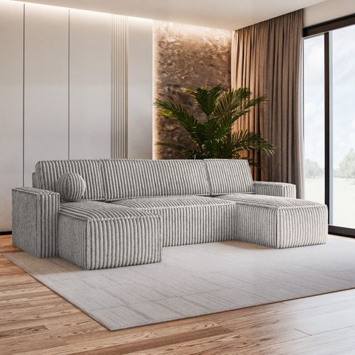 Canapé D'angle Pesano Gris Clair En Velours Côtelé Avec Fonction De Couchage