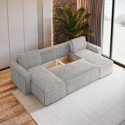 Canapé D'angle Pesano Gris Clair En Velours Côtelé Avec Fonction De Couchage