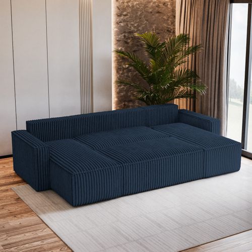 Canapé D'angle Pesano Bleu En Velours Côtelé Avec Fonction De Couchage