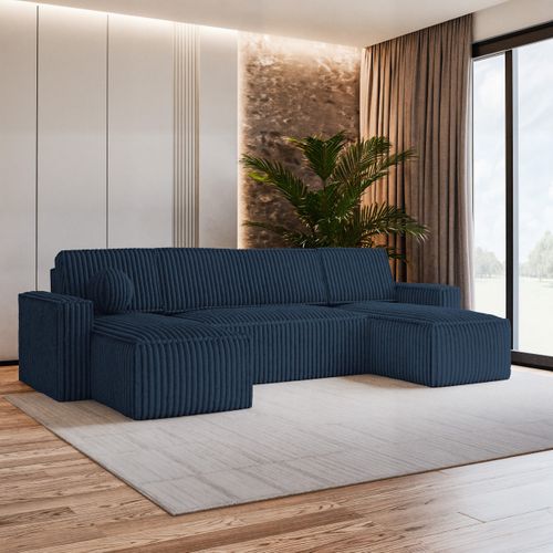 Canapé D'angle Pesano Bleu En Velours Côtelé Avec Fonction De Couchage