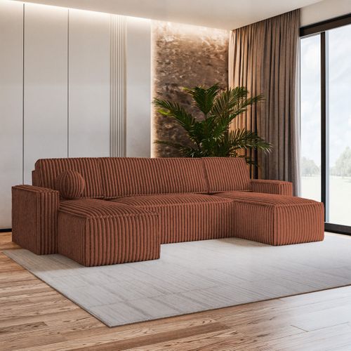 Canapé D'angle Pesano Marron En Velours Côtelé Avec Fonction De Couchage