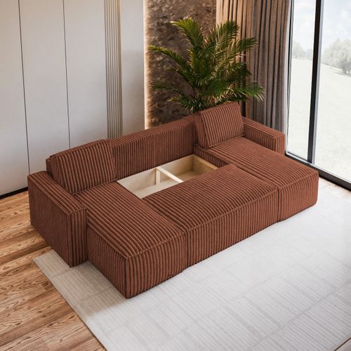 Canapé D'angle Pesano Marron En Velours Côtelé Avec Fonction De Couchage