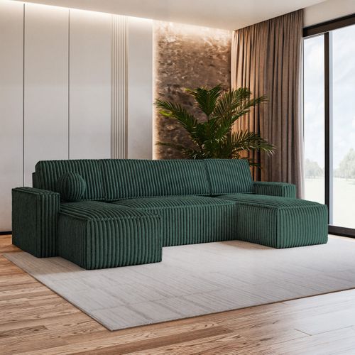 Canapé D'angle Pesano Vert Sapin En Velours Côtelé Avec Fonction De Couchage