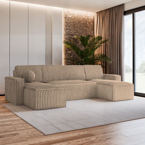 Canapé D'angle Pesano Beige En Velours Côtelé Avec Fonction De Couchage