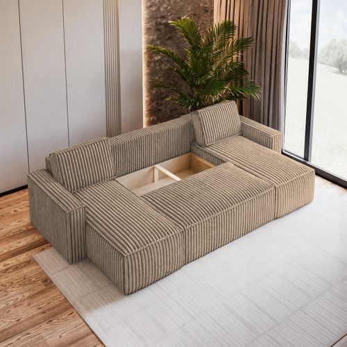 Canapé D'angle Pesano Beige En Velours Côtelé Avec Fonction De Couchage