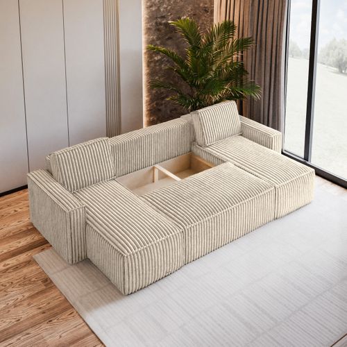 Canapé D'angle Pesano Crème En Velours Côtelé Avec Fonction De Couchage