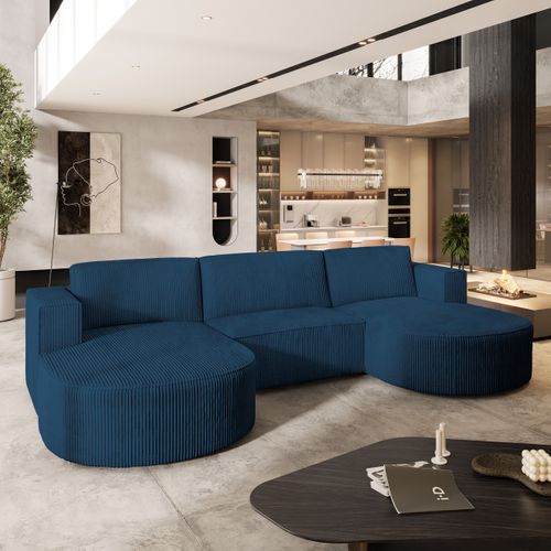 Canapé D'angle Vezzo Bleu En Velours Côtelé Avec Fonction De Couchage
