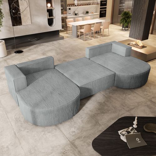 Canapé D'angle Vezzo Gris Clair En Velours Côtelé Avec Fonction De Couchage