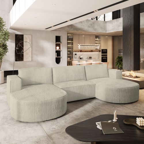 Canapé D'angle Vezzo Crème En Velours Côtelé Avec Fonction De Couchage