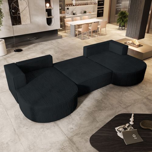 Canapé D'angle Vezzo Noir En Velours Côtelé Avec Fonction De Couchage