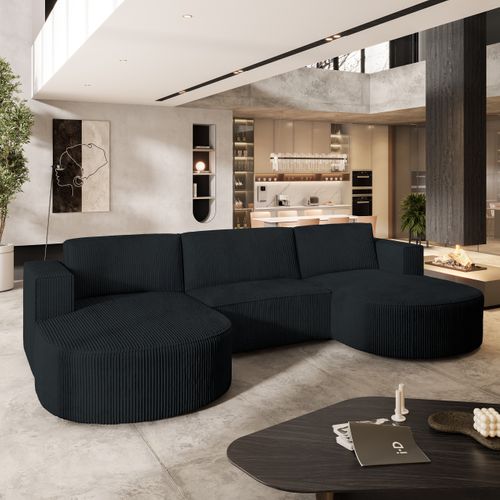 Canapé D'angle Vezzo Noir En Velours Côtelé Avec Fonction De Couchage