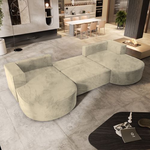 Canapé D'angle Vezzo Crème En Velours Avec Fonction De Couchage