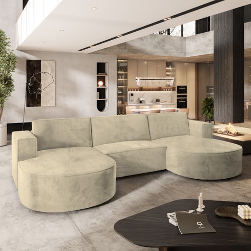 Canapé D'angle Vezzo Crème En Velours Avec Fonction De Couchage