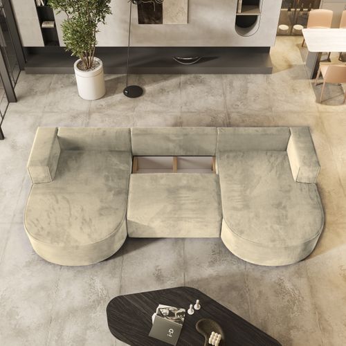 Canapé D'angle Vezzo Crème En Velours Avec Fonction De Couchage