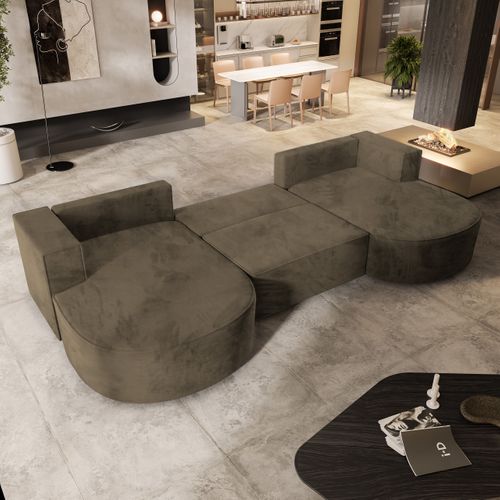 Canapé D'angle Vezzo Beige En Velours Avec Fonction De Couchage