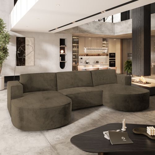 Canapé D'angle Vezzo Beige En Velours Avec Fonction De Couchage