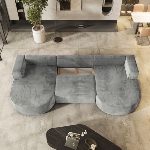 Canapé D'angle Vezzo Gris Clair En Velours Avec Fonction De Couchage